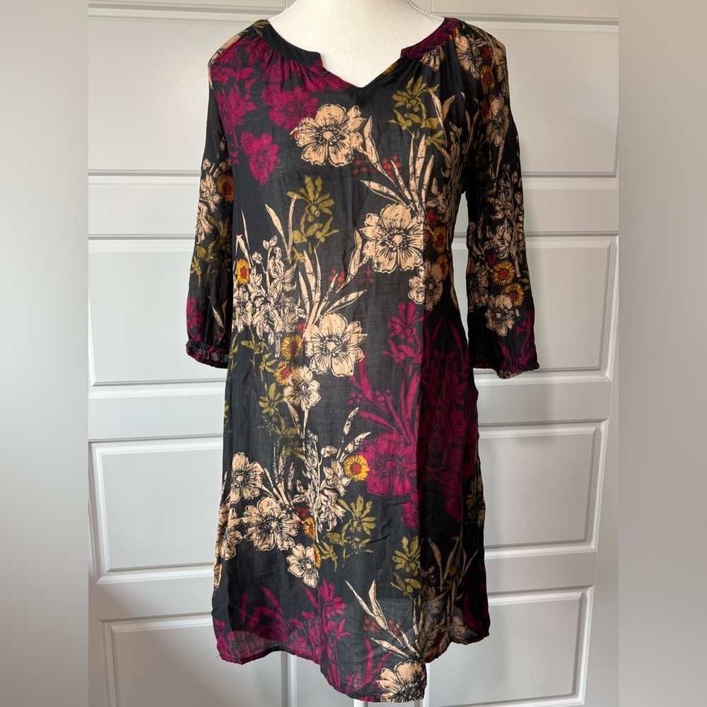 Sonoma Floral Black Print Dress V-Neck 3/4 Sleeve Sheer Cover Up Boho Petite SM